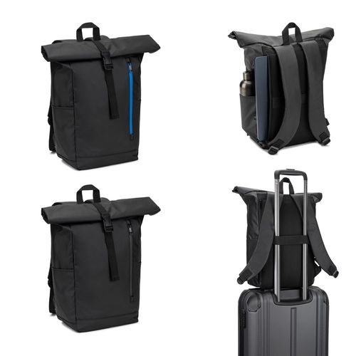 OSASCO BPACK. Sac à dos à roulettes avec système de fermeture à glissière permettant de rouler la partie supérieure pour l'adapter au volume du sac à dos, fabriqué en polyester recyclé 600D OSASCO BPACK. Sac à dos à roulettes avec système de fermeture à glissière permettant de rouler la partie supérieure pour l'adapter au volume du sac à dos, fabriqué en polyester recyclé 600D
