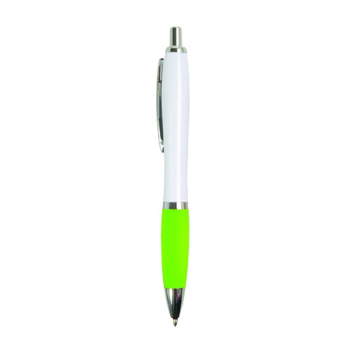 Penna a scatto in plastica ABS, con fusto bianco, impugnatura colorata gommata Penna a scatto in plastica ABS, con fusto bianco, impugnatura colorata gommata