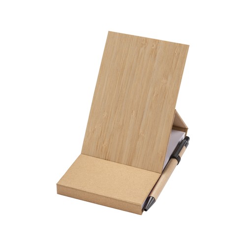 Notepad with bamboo cover (70 sheets), sticky notes, ballpen and phone holder.