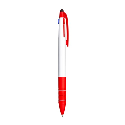 Plastic snap pen with 3 refills in blue, black and red, and touchscreen rubber tip Plastic snap pen with 3 refills in blue, black and red, and touchscreen rubber tip