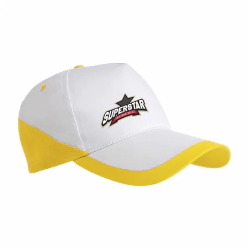 Cotton 5-panel cap with white base and coloured edges, adjustable velcro strap Cotton 5-panel cap with white base and coloured edges, adjustable velcro strap