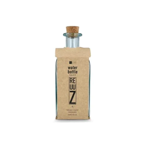 InSideOut Square Recycled Glass Water Bottle ReuuZ with Cork Stopper 1L