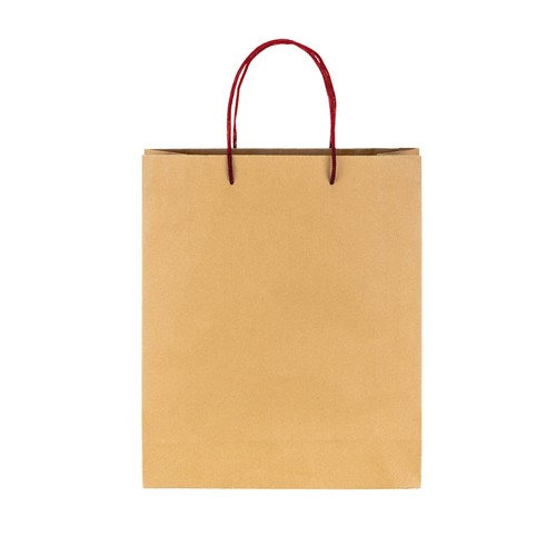Sacchetto in carta naturale riciclata da 150 g/m2, con soffietto e manici corti colorati Sacchetto in carta naturale riciclata da 150 g/m2, con soffietto e manici corti colorati