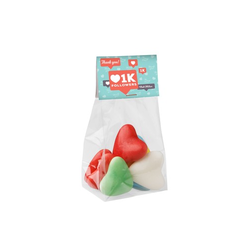 Block bottom bag with header card and 50 grams of sweets Block bottom bag with header card and 50 grams of sweets