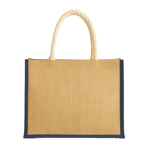 Bolsa de yute con asas largas de cuerda e insertos de colores. Con fuelle