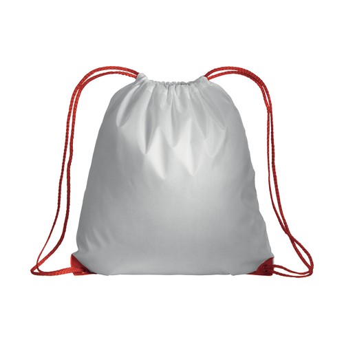 White 210T polyester backpack with drawstring closure, reinforced corners