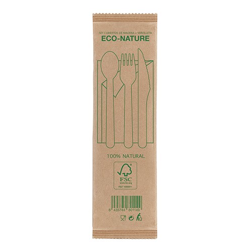 Disposable wooden cutlery set, contained in a sing Aralia