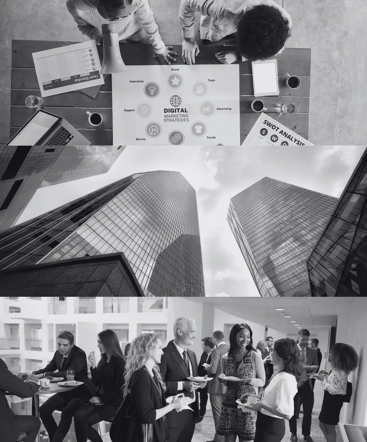 Collage aus modernen Bürogebäuden, Meeting-Situationen und Netzwerktreffen, visualisiert Großunternehmen als primäre Werbeartikel Asiendirektimport Zielgruppe.