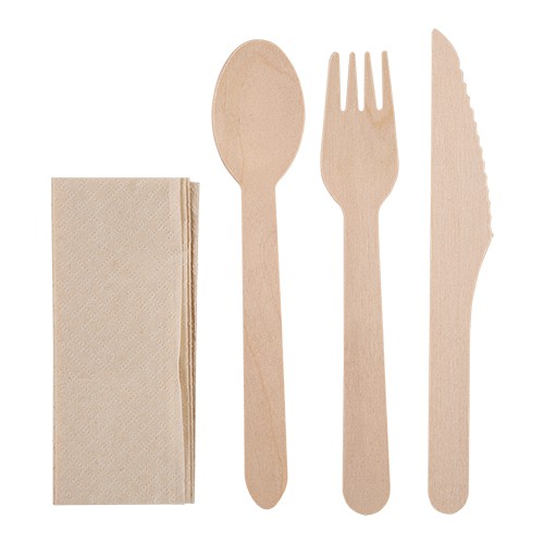 Disposable wooden cutlery set, contained in a sing Aralia