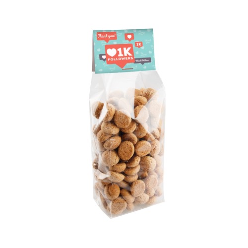 Block bottom bag with header card and 150 grams of sweets Block bottom bag with header card and 150 grams of sweets