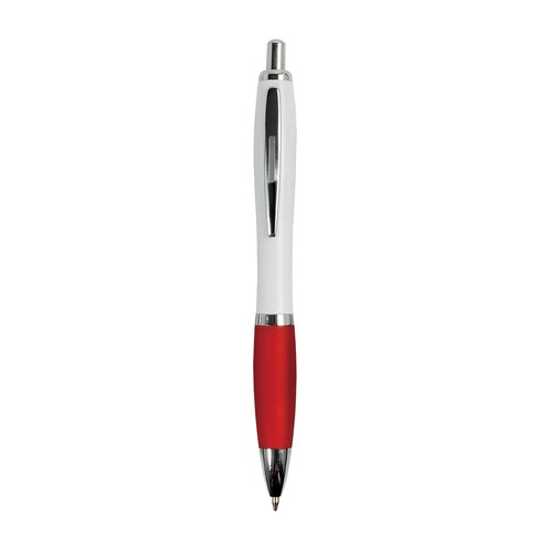 Penna a scatto in plastica ABS, con fusto bianco, impugnatura colorata gommata Penna a scatto in plastica ABS, con fusto bianco, impugnatura colorata gommata