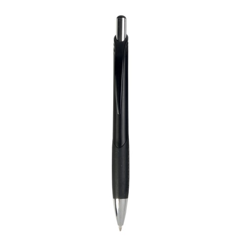 Penna a scatto in plastica con fusto metallizzato, impugatura gommata nera Penna a scatto in plastica con fusto metallizzato, impugatura gommata nera