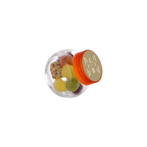 Micro glazen potje 50 ml, gevuld met snoep Micro glazen potje 50 ml, gevuld met snoep