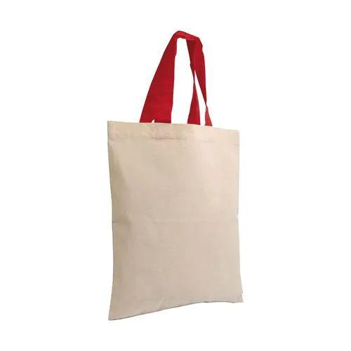 Mini sac à provisions en coton naturel recyclé de 140 g/m2 avec poignées colorées Mini sac à provisions en coton naturel recyclé de 140 g/m2 avec poignées colorées