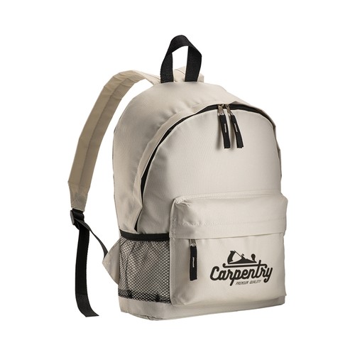 600D polyester 3-pocket backpack (one mesh side pocket). Adjustable shoulder straps