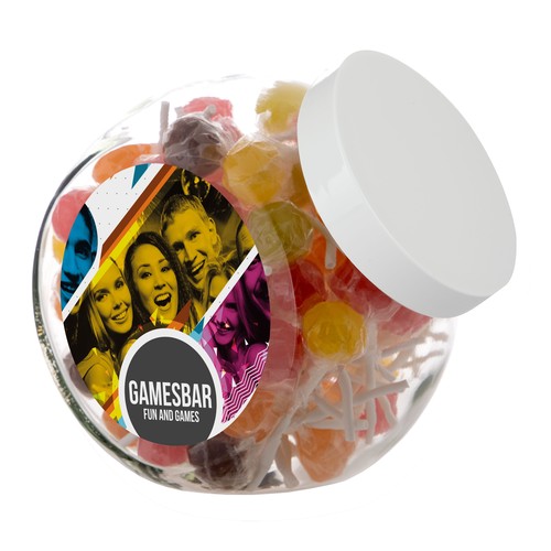 Glazen pot 2 liter, gevuld met snoep