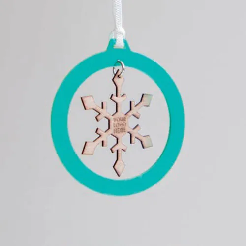 Addobbo Natale fiocco di neve in legno inserito in cerchio in biomateriale