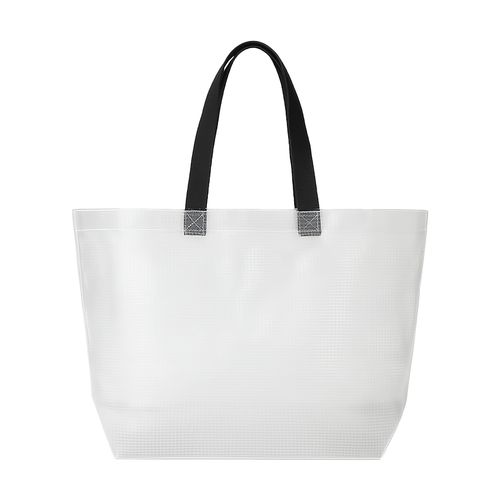 Transparent laminated PP shopper bag 110 g/m2. Long colored polyester handles and gusset Transparent laminated PP shopper bag 110 g/m2. Long colored polyester handles and gusset