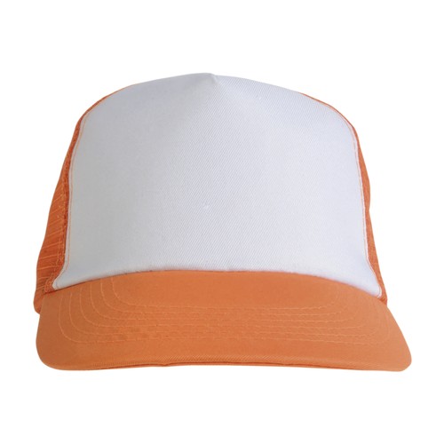 Polyester 5-panel cap with mesh crown and adjustable velcro strap