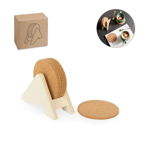 PLYCORK. Plywood stand with 6 cork coasters PLYCORK. Plywood stand with 6 cork coasters