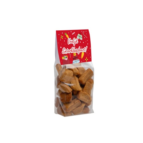 Block bottom bag with header card and 100 grams of sweets Block bottom bag with header card and 100 grams of sweets