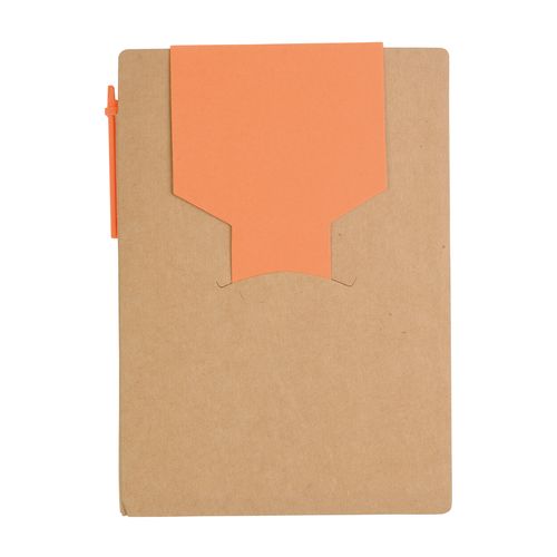 Recycled-paper notepad with cardboard pen and sticky notes