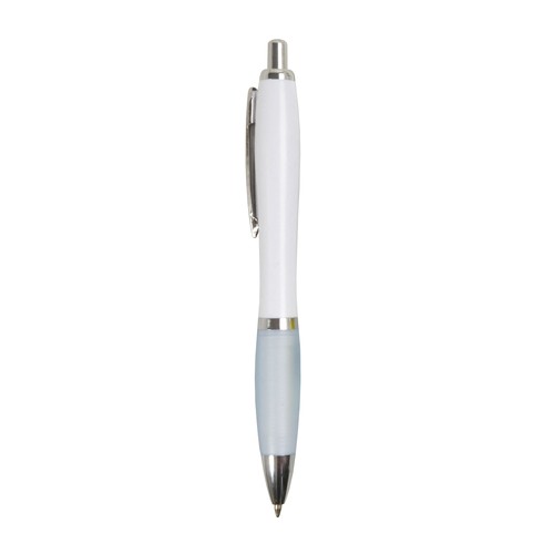 Penna a scatto in plastica ABS, con fusto bianco, impugnatura colorata gommata Penna a scatto in plastica ABS, con fusto bianco, impugnatura colorata gommata