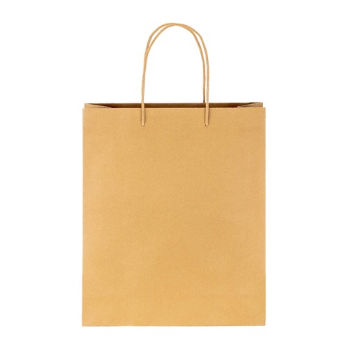 150 g/m2 natural recycled paper bag with gusset and short colored handles 150 g/m2 natural recycled paper bag with gusset and short colored handles