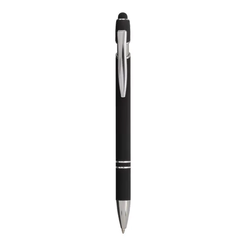 Penna a scatto in alluminio gommato con gommino per touch screen e clip in metallo