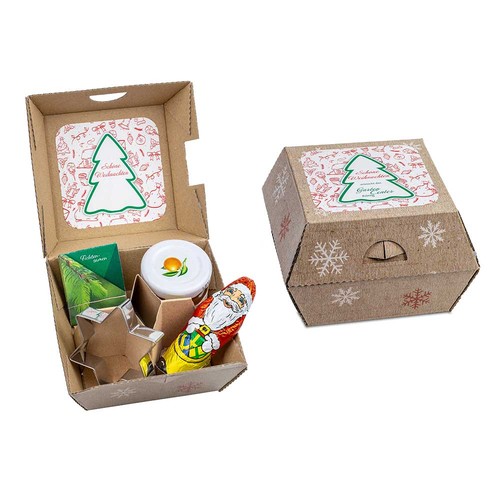 Gift-set Xmas - Clay pots, chocolate Santa Claus, Christmas tree baking molds and a glass of orange jam