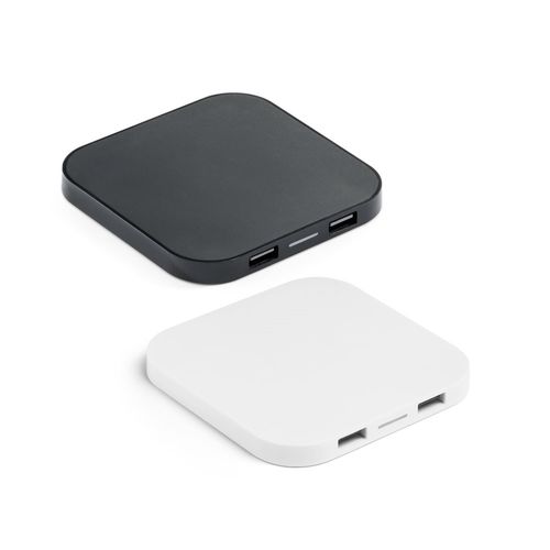 CAROLINE. Supersnelle 15W draadloze oplader met HUB 2 USB-A poorten in gerecycled ABS (100% rABS) CAROLINE. Supersnelle 15W draadloze oplader met HUB 2 USB-A poorten in gerecycled ABS (100% rABS)