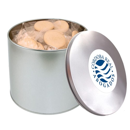 Round tin – flow-wrapped, embossed biscuits Round tin – flow-wrapped, embossed biscuits