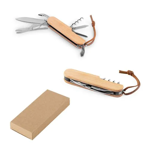 RYKER. Multifunktionales Taschenmesser aus Bambus und Edelstahl mit PU-Griff