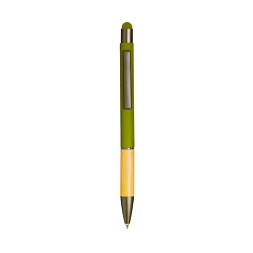 Penna a scatto in alluminio gommato con impugnatura in bambù e gommino touch Penna a scatto in alluminio gommato con impugnatura in bambù e gommino touch