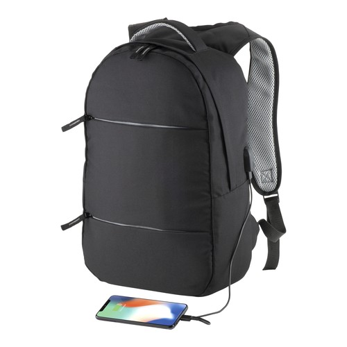600D polyester PC backpack. Main laptop pocket and 3 front pockets. Breathable material