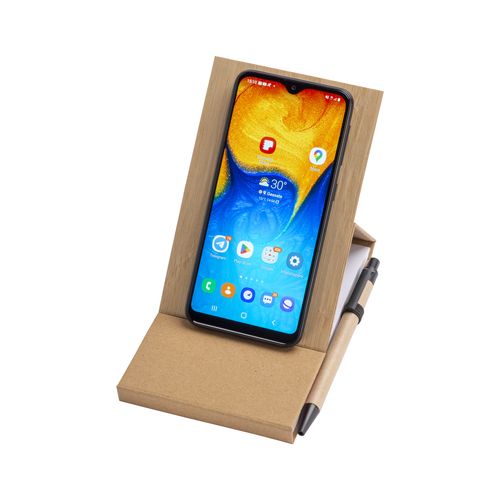 Notepad with bamboo cover (70 sheets), sticky notes, ballpen and phone holder.