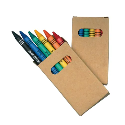 6 wax crayons with cylindrical cross-sections, cardboard box 6 wax crayons with cylindrical cross-sections, cardboard box