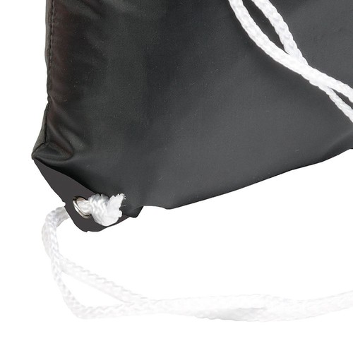 Black 210T polyester backpack with drawstring closure, reinforced black corners