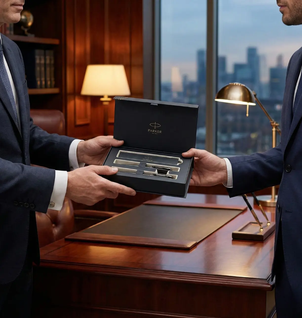 Exklusives Parker Geschenk-Set für Business-Partner Zwei Geschäftsleute im Anzug bei der Übergabe einer edlen Geschenkbox, ein klassisches Beispiel für hochwertige Parker Kugelschreiber als exklusives Firmenpräsent.
