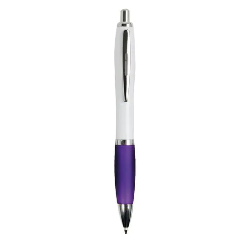 Penna a scatto in plastica ABS, con fusto bianco, impugnatura colorata gommata Penna a scatto in plastica ABS, con fusto bianco, impugnatura colorata gommata