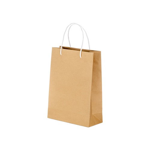 150 g/m2 natural recycled paper bag with gusset and short colored handles 150 g/m2 natural recycled paper bag with gusset and short colored handles