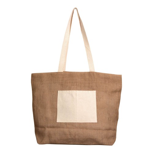 Shopper con soffietto alla base in juta con manici e tasca esterna (18 x 15 cm) in cotone Shopper con soffietto alla base in juta con manici e tasca esterna (18 x 15 cm) in cotone