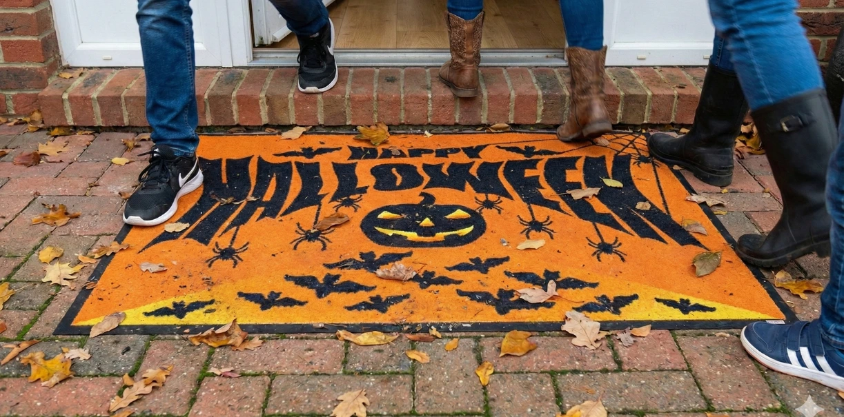 Personen laufen durch eine Tür über eine orange-schwarze Schmutzfangmatte mit Kürbis-Motiv und "Happy Halloween"-Schriftzug – eine einladende Fußmatte im Halloween Design.