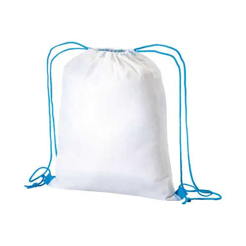 210T white polyester backpack with choke closure and colored cords