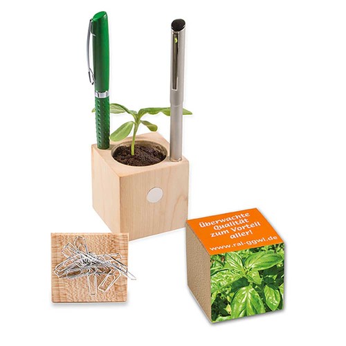 Houten pennenbakje met zaden - Basilicum