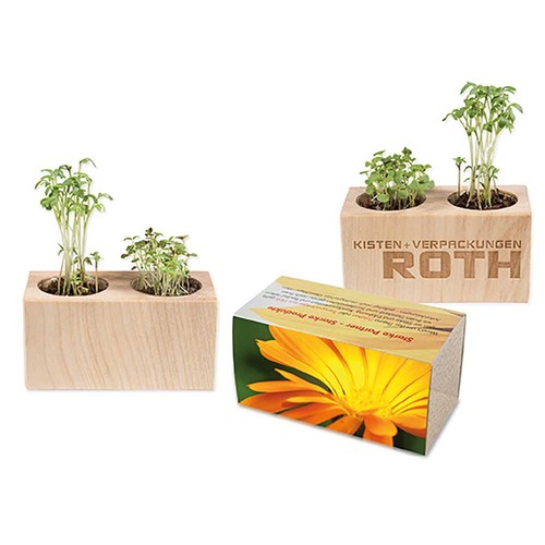 Houten plantenset dubbel met zaden - Goudsbloem Houten plantenset dubbel met zaden - Goudsbloem
