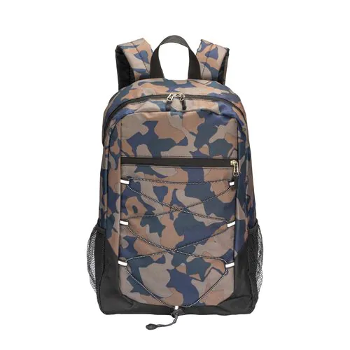 600D polyester 4-pocket backpack (two mesh side pockets). Padded straps and back