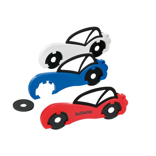 Chiphouder met twee winkelwagenmuntjes 1€ "auto" Chiphouder met twee winkelwagenmuntjes 1€ "auto"