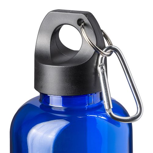 Bouteille transparente en PET recycle 580 ml. Bouchon en plastique avec mousqueton