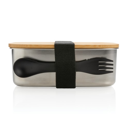Roestvrijstalen lunchbox met bamboe deksel en spork Roestvrijstalen lunchbox met bamboe deksel en spork
